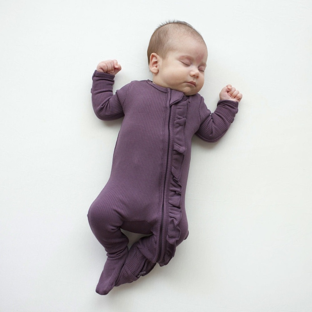 Kyte Ribbed Ruffle Zipper Footie in Currant